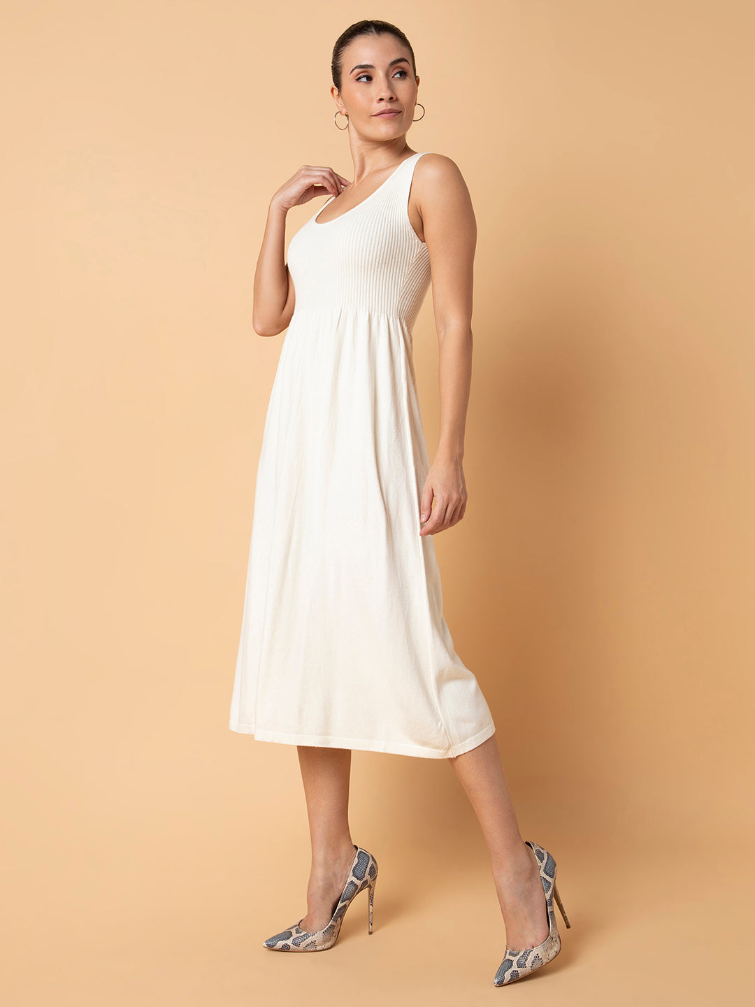 Women Solid Cream Midi Fit and Flare Dress