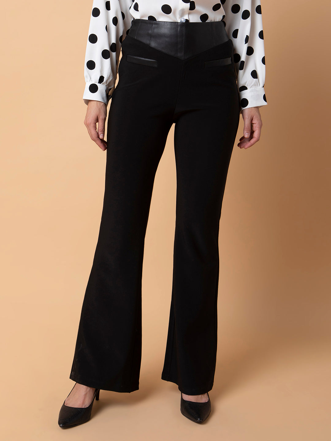Women Flat Front Solid Black Bootcut Trousers