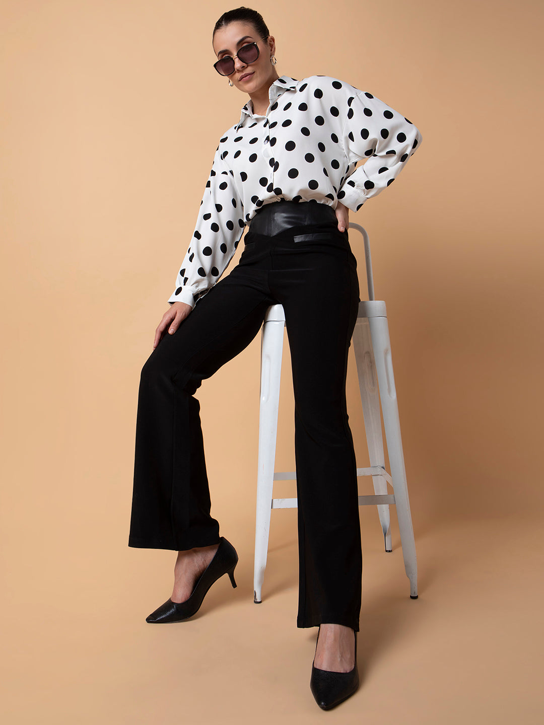 Women Flat Front Solid Black Bootcut Trousers