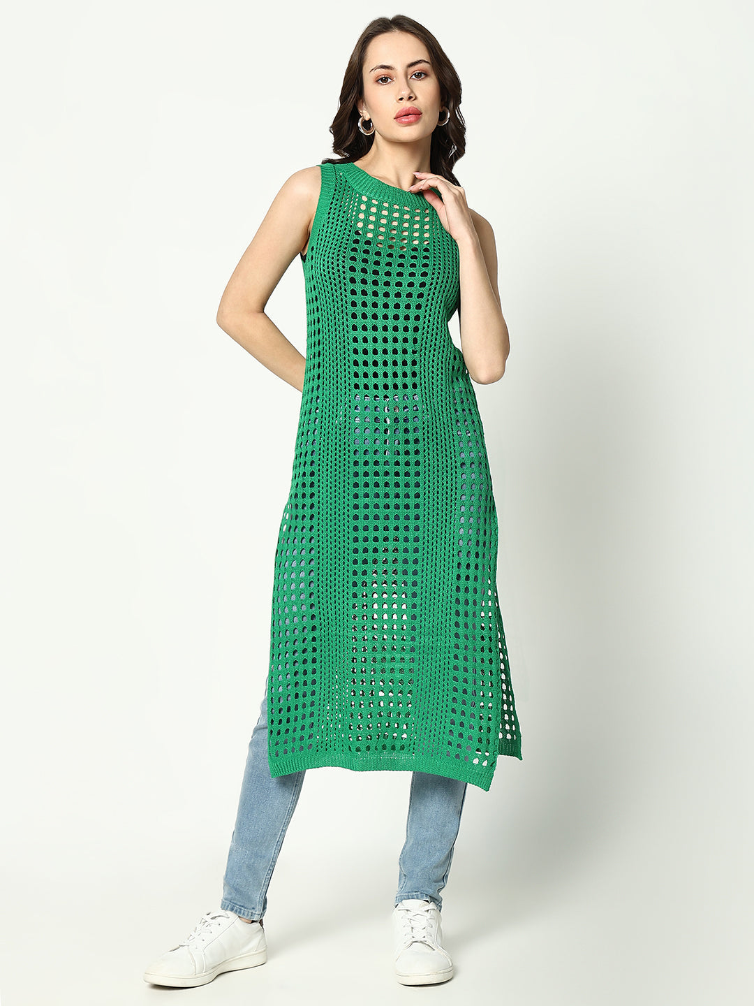 Women Green Solid Crochet Longline Top