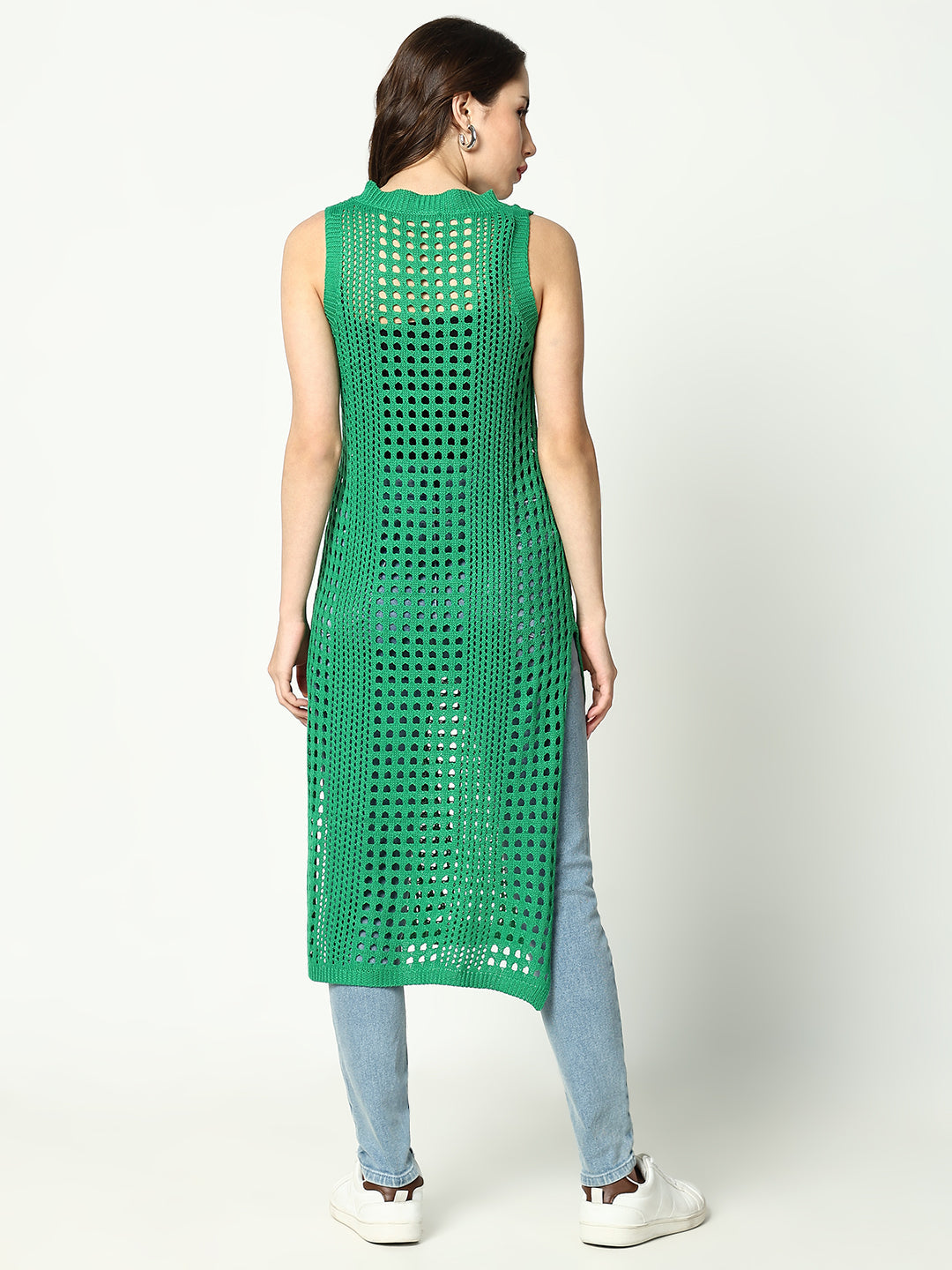 Women Green Solid Crochet Longline Top