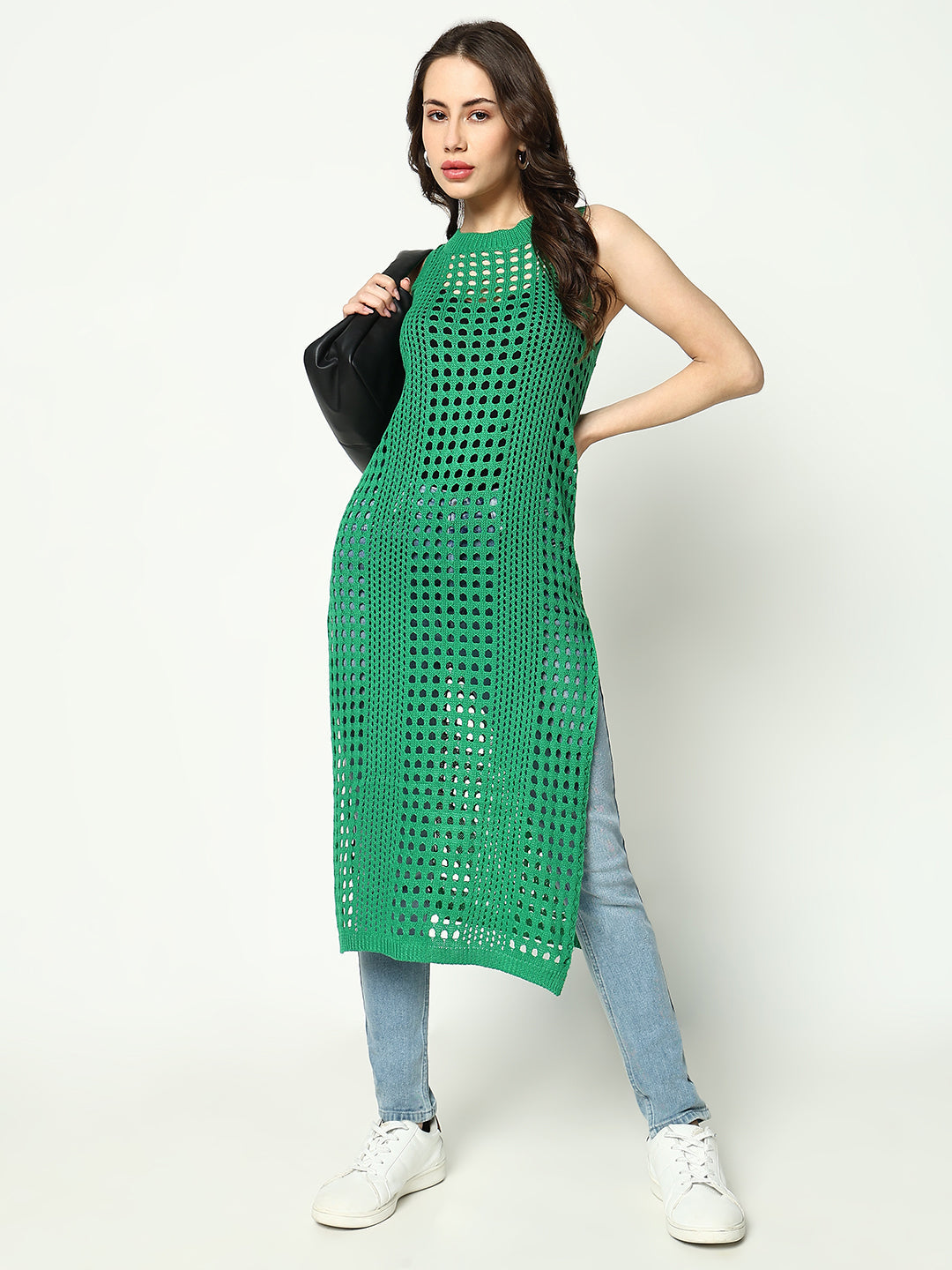 Women Green Solid Crochet Longline Top