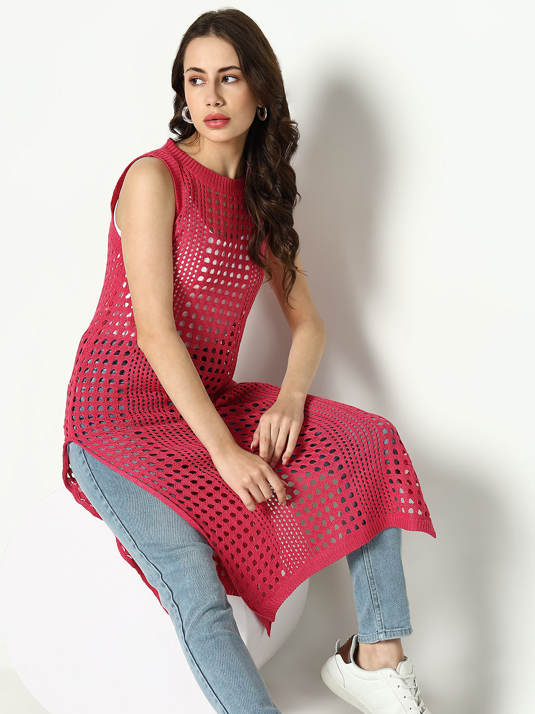 Women Pink Solid Crochet Longline Top