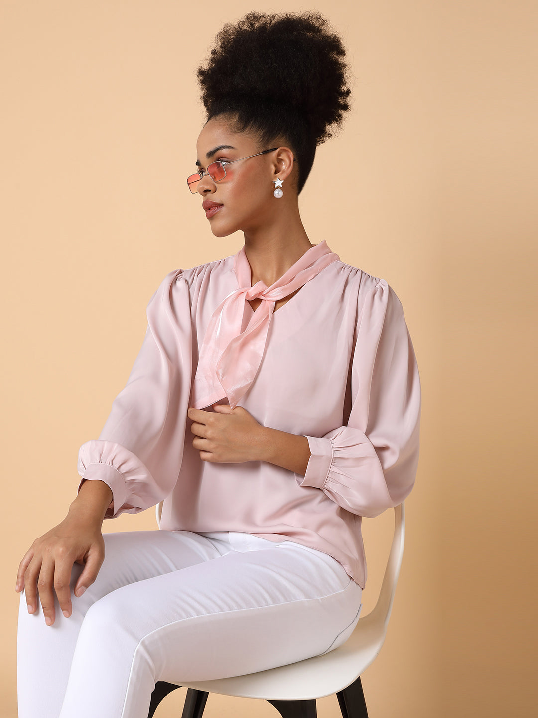 Women Solid Shirt Style Peach Top