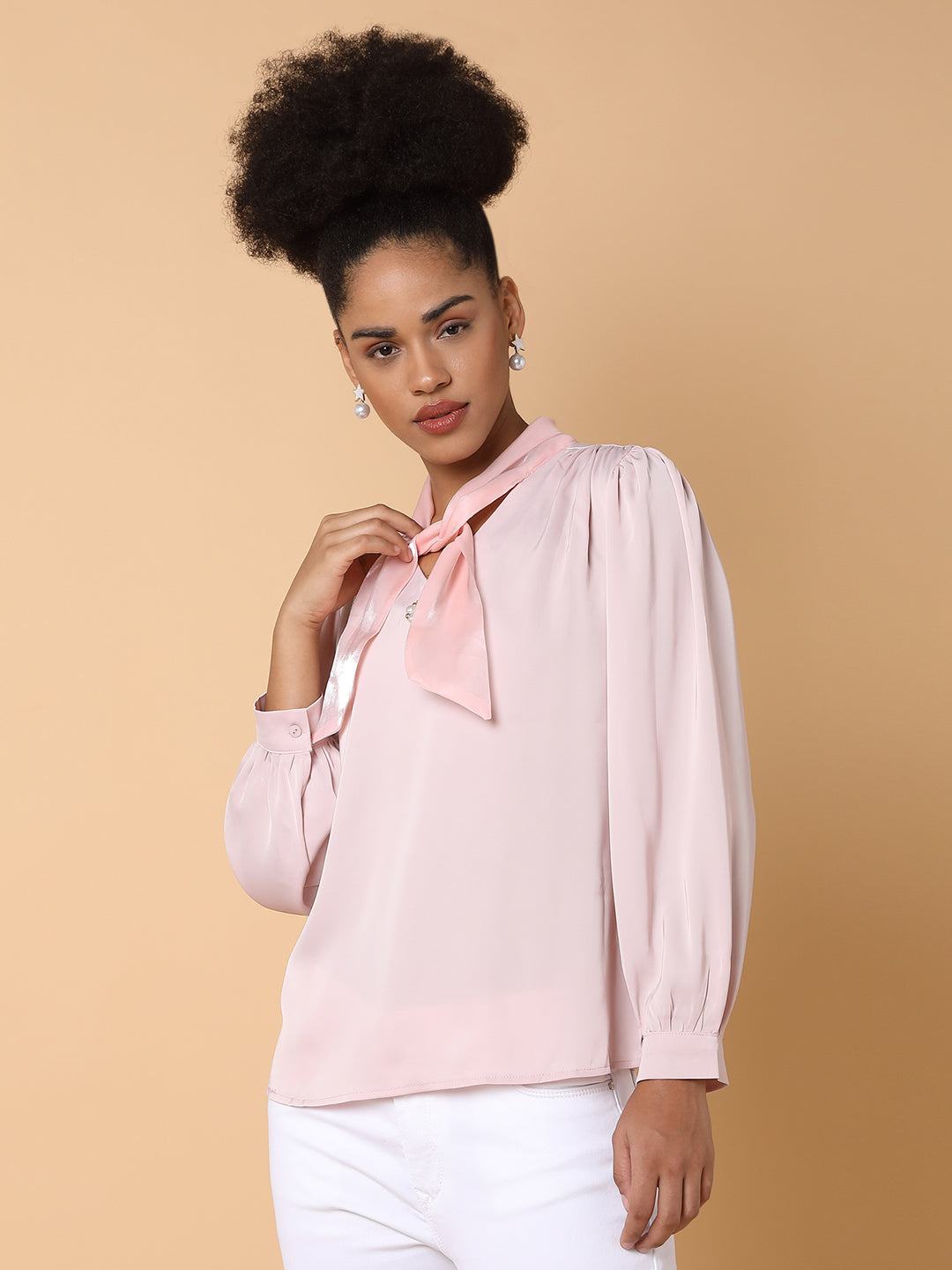 Women Solid Shirt Style Peach Top