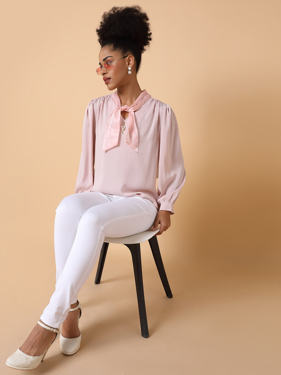 Women Solid Shirt Style Peach Top