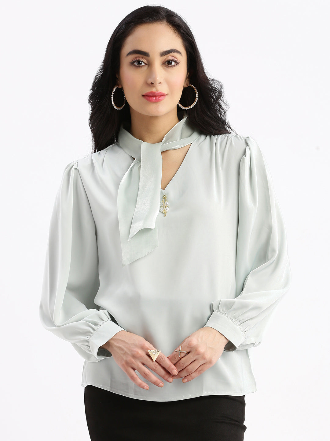Women Solid Sea Green Shirt Style Top