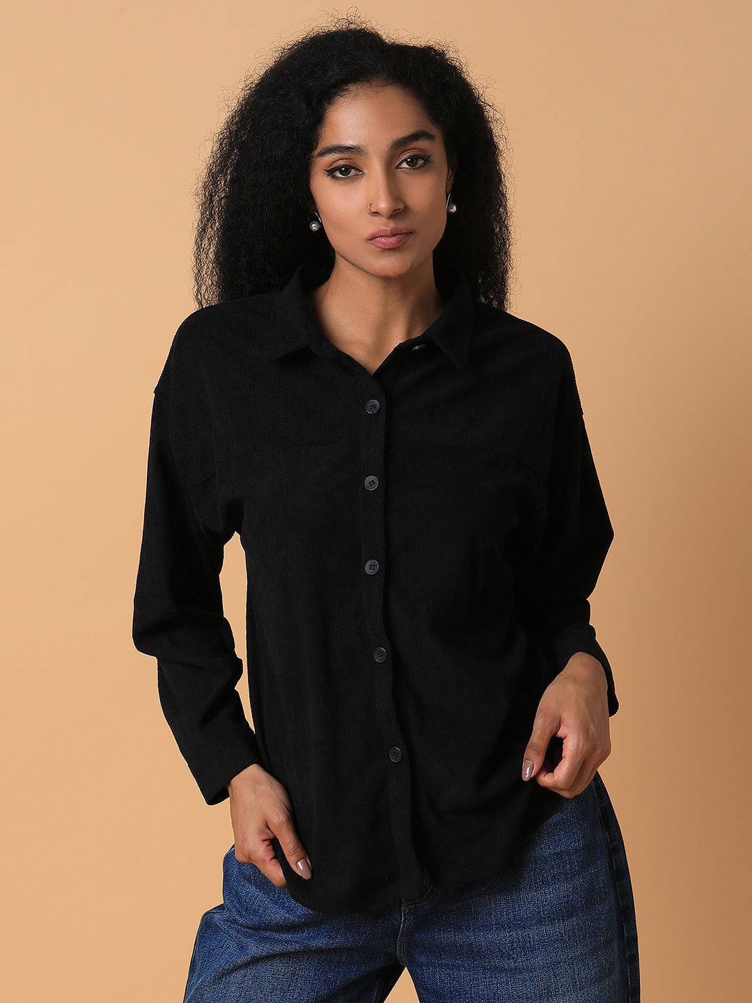Women Solid Black Oversized Shirt