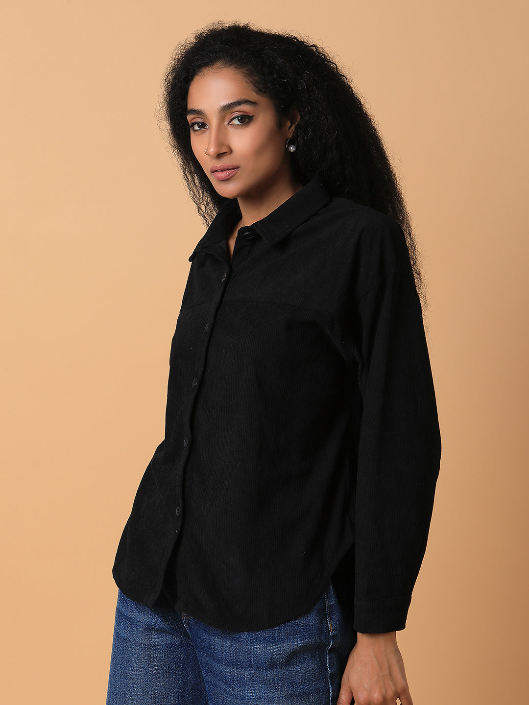 Women Solid Black Oversized Shirt