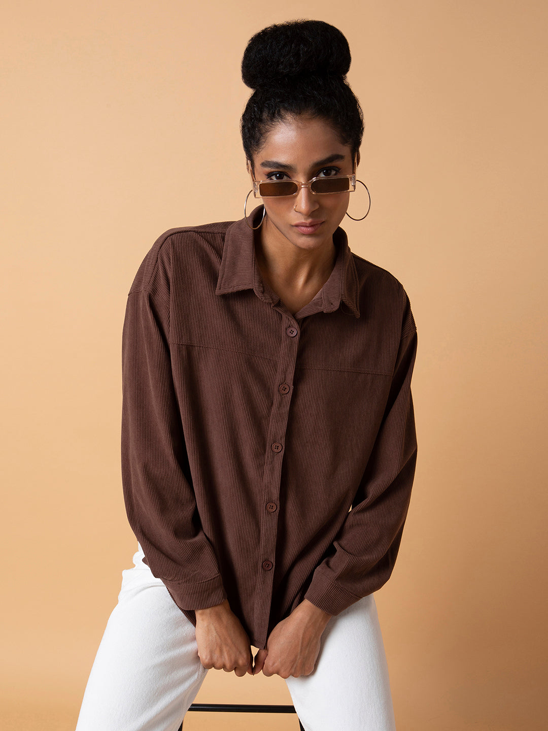 Women Solid Brown Oversized Shirt