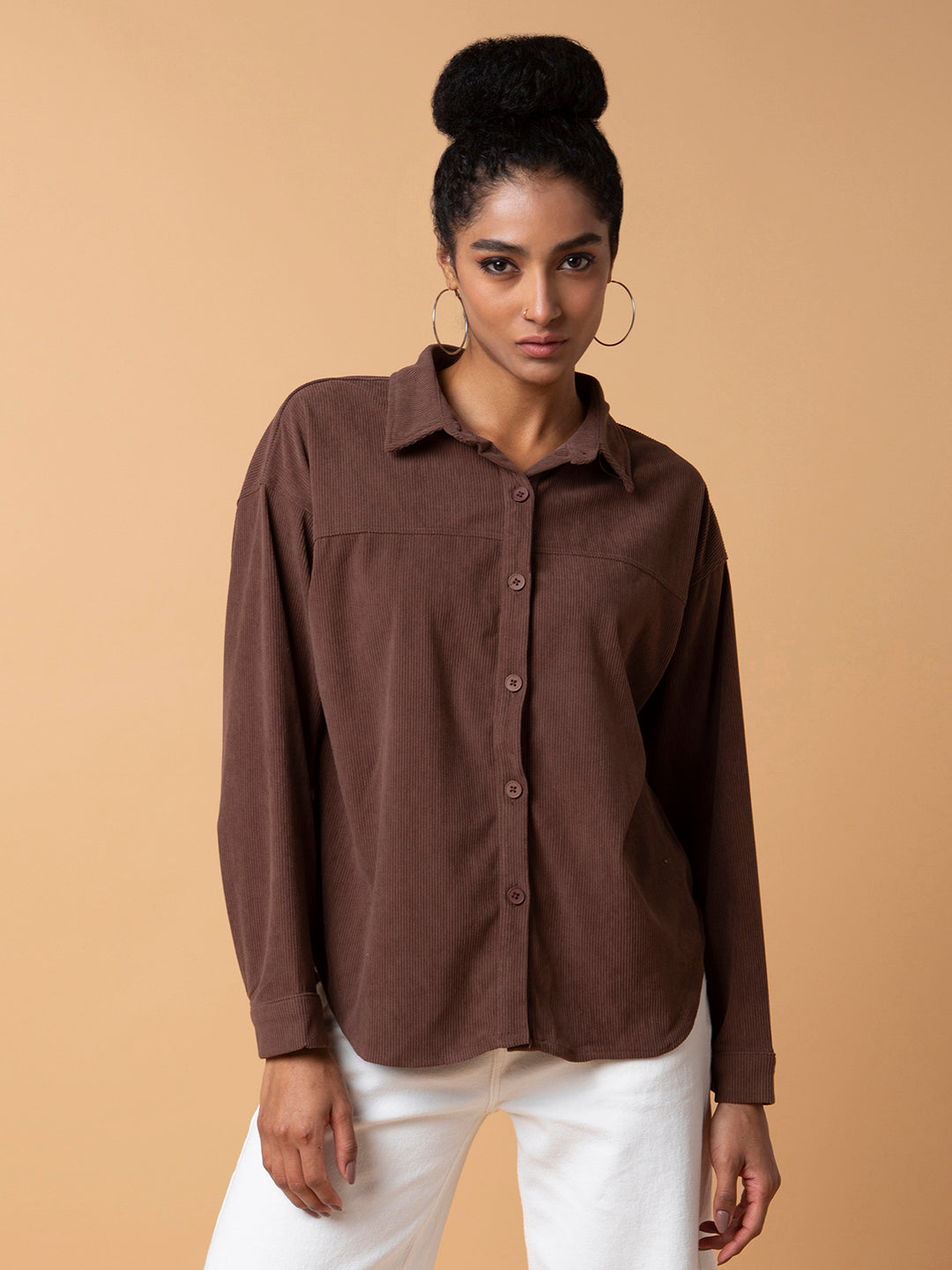 Women Solid Brown Oversized Shirt