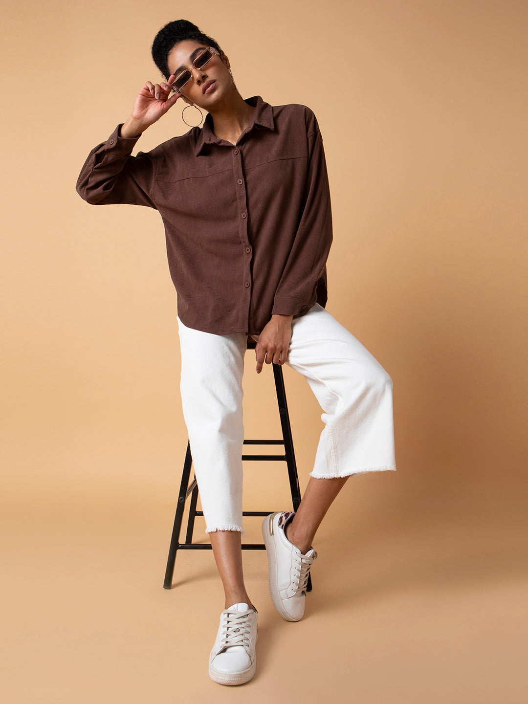 Women Solid Brown Oversized Shirt