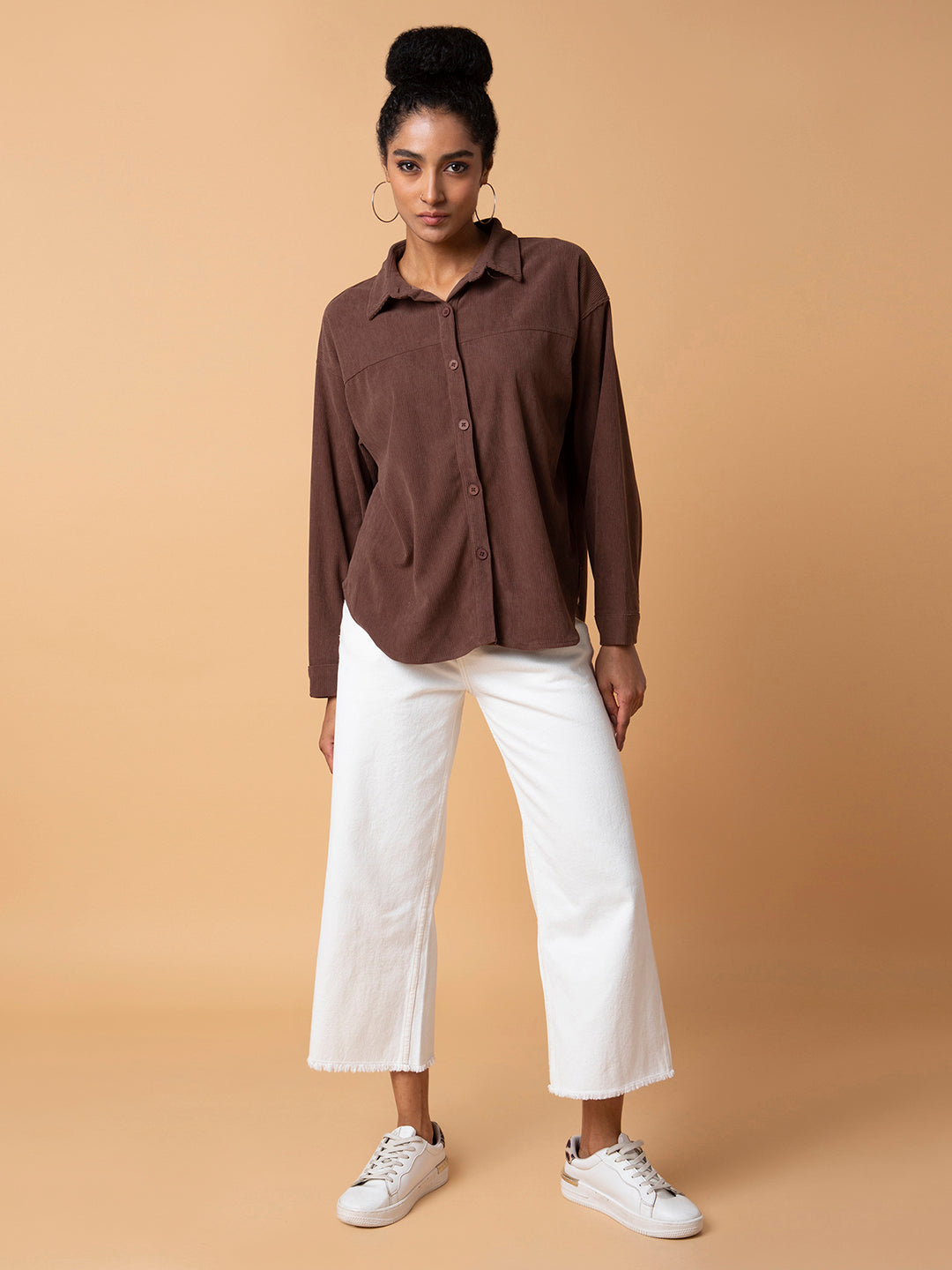 Women Solid Brown Oversized Shirt