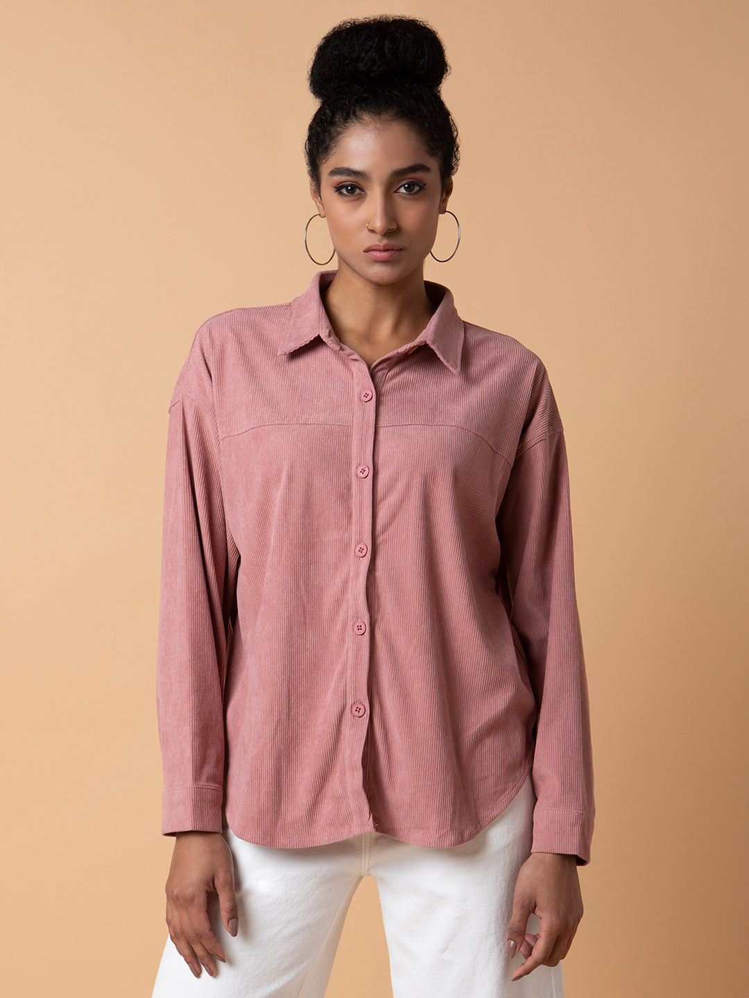 Women Solid Peach Oversized Shirt