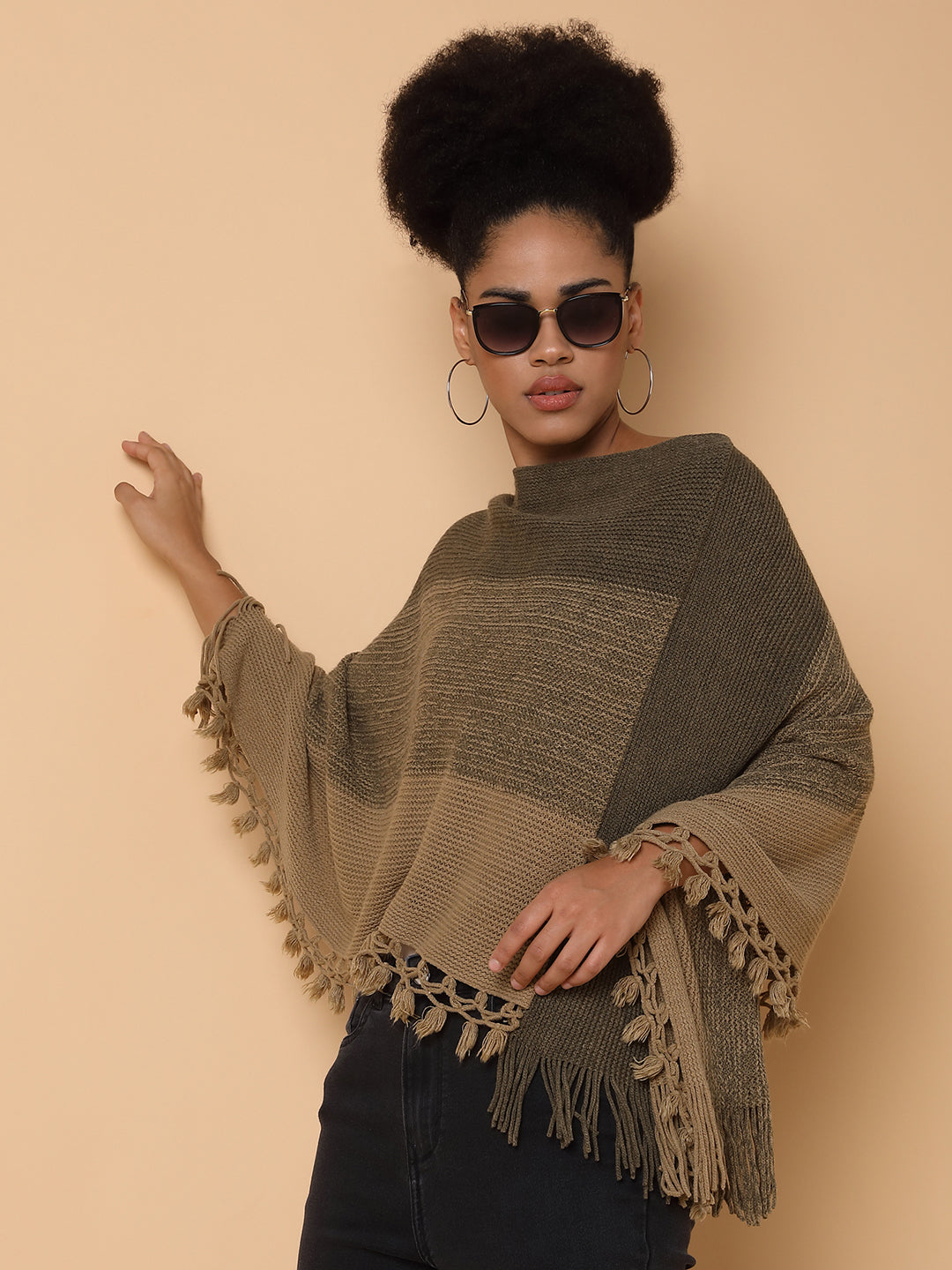 Women Striped Olive Poncho