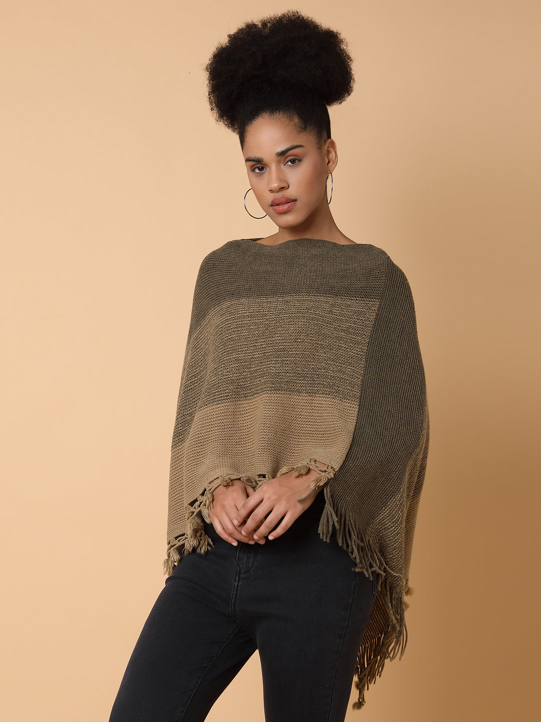 Women Striped Olive Poncho