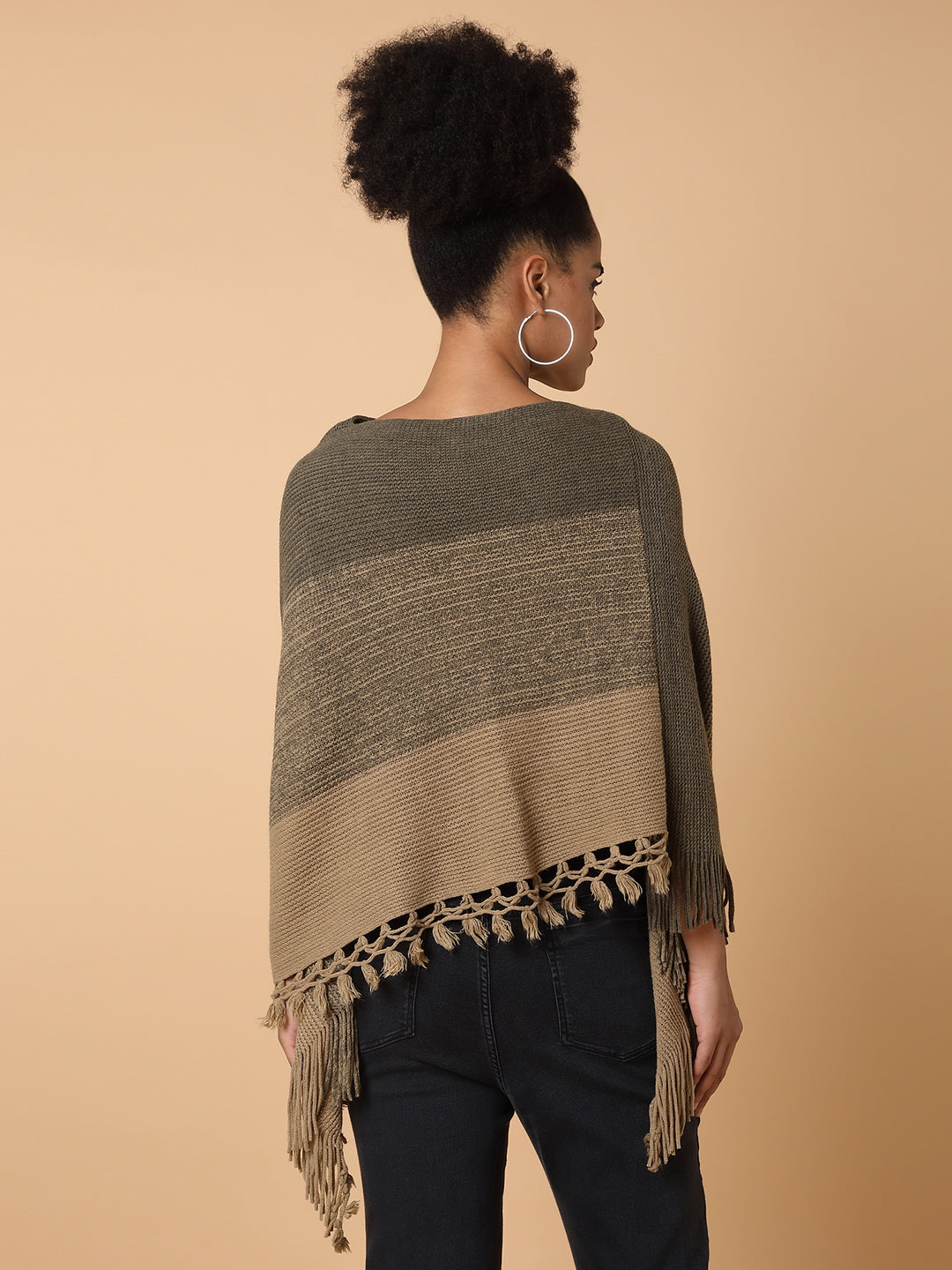 Women Striped Olive Poncho