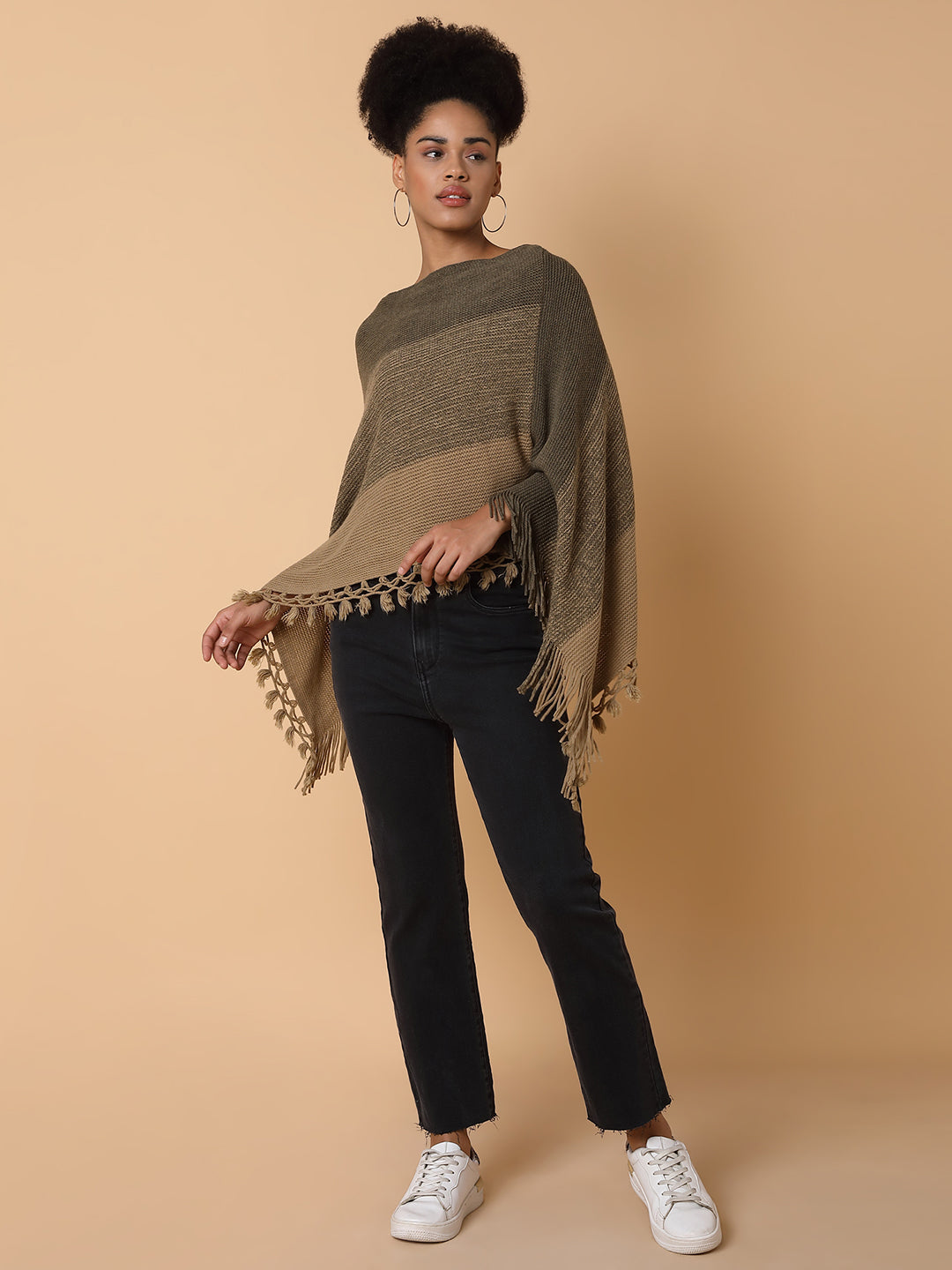 Women Striped Olive Poncho