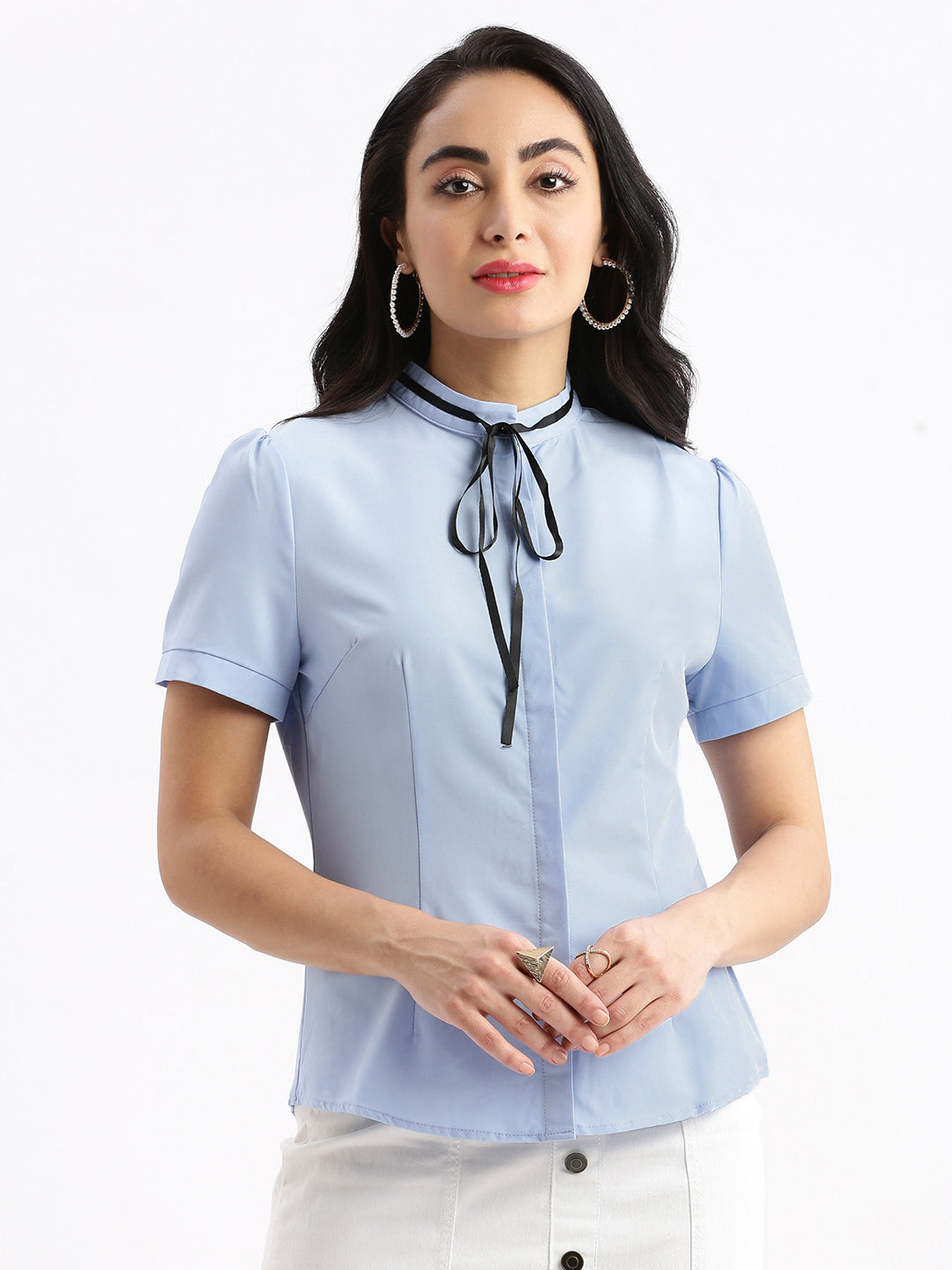Women Solid Mandarin Collar Blue Slim Fit Shirt