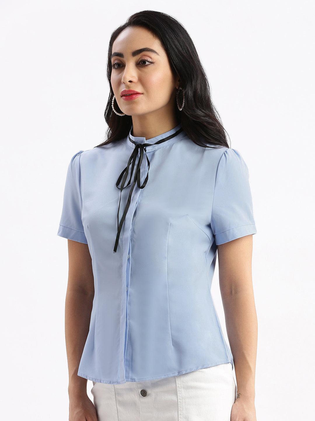 Women Solid Mandarin Collar Blue Slim Fit Shirt