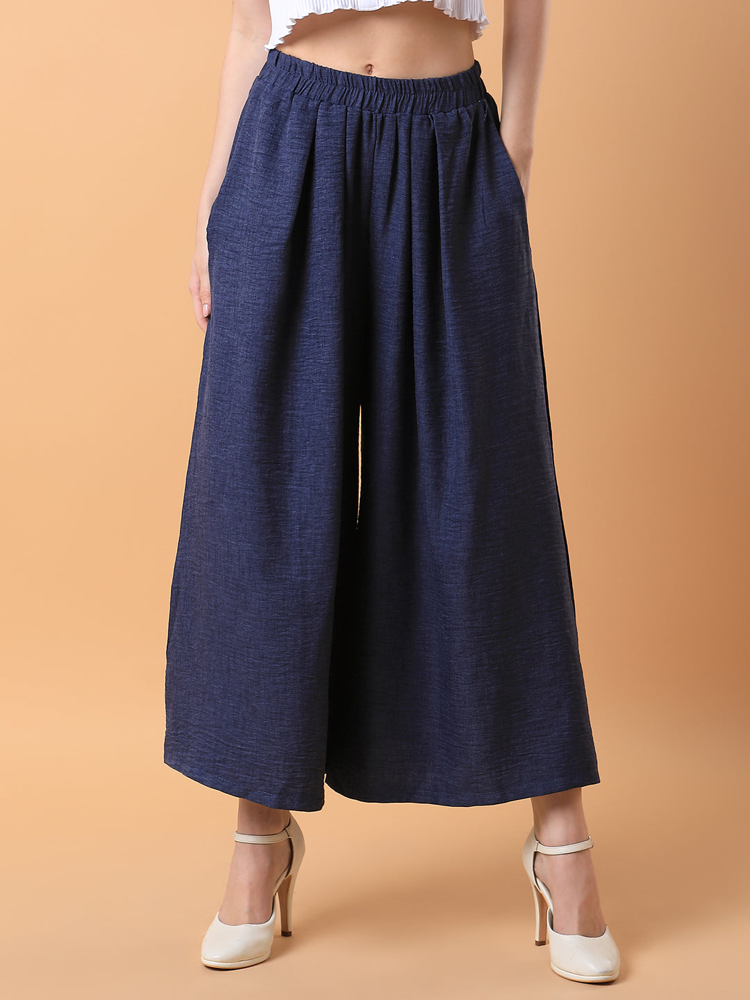Women Solid Navy Blue Pleated Loose Fit Trouser