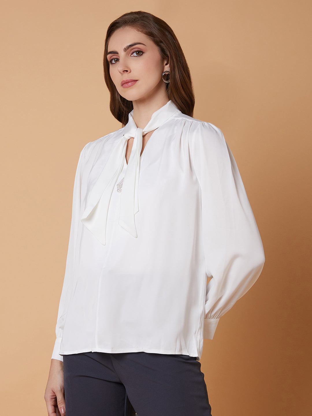 Women Solid White Shirt Style Top