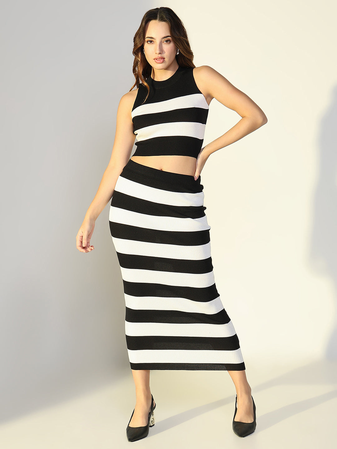 Women Black Striped Co Ords Set