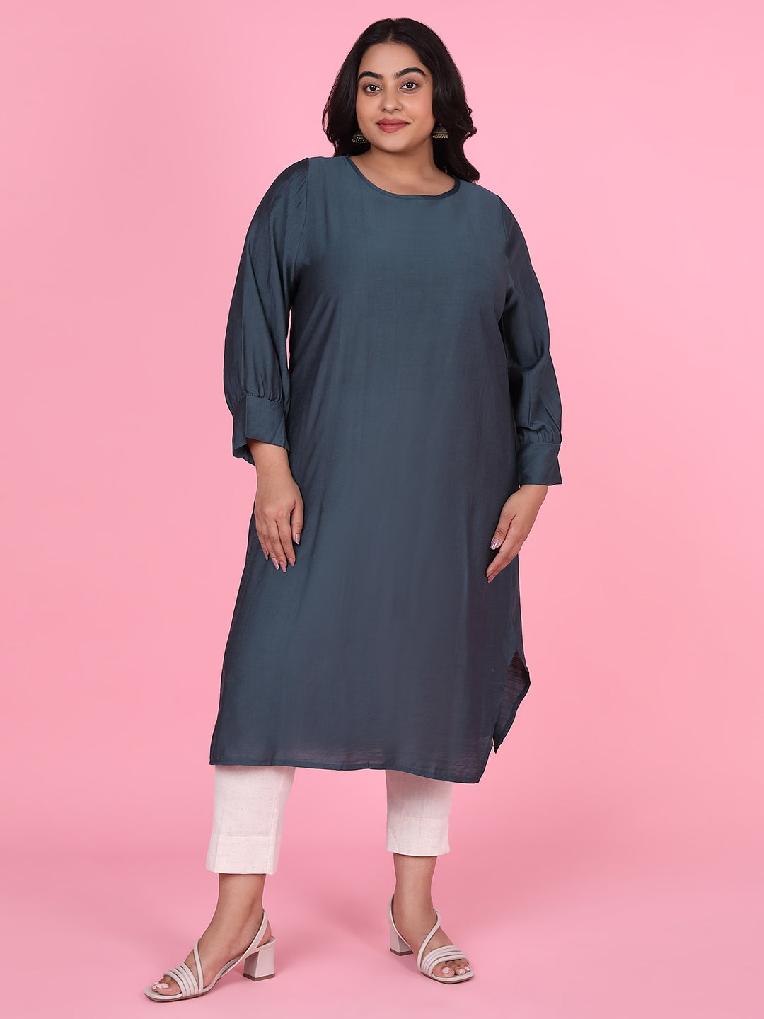 Women Solid Straight Teal Kurta