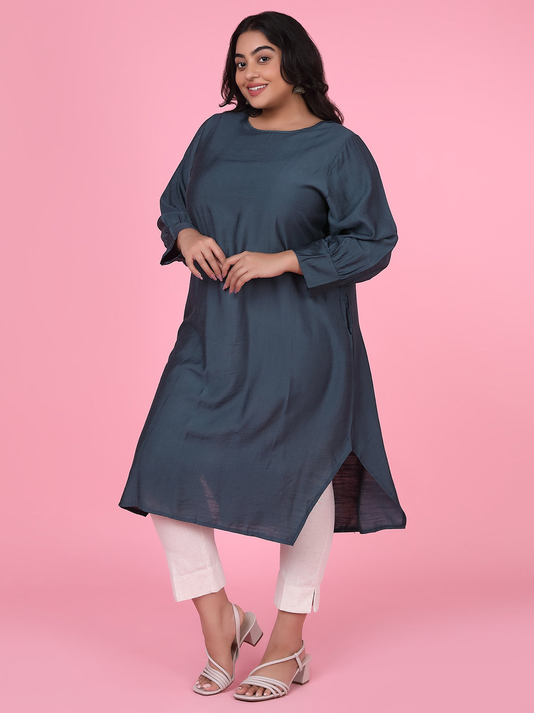 Women Solid Straight Teal Kurta