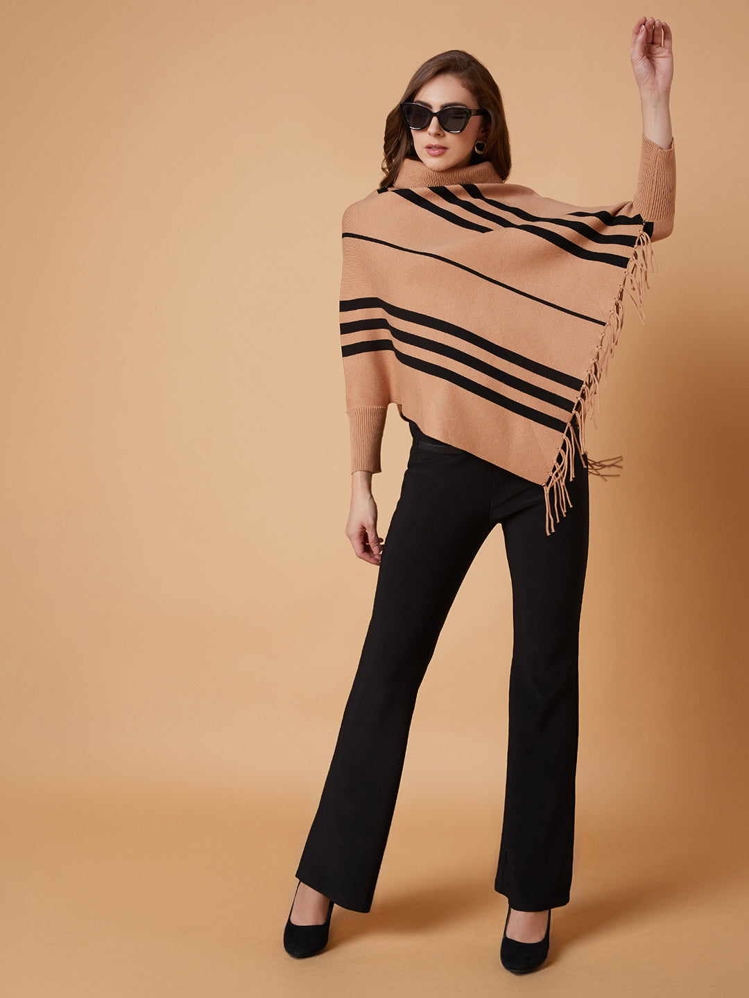 Women Striped Brown Longline Poncho