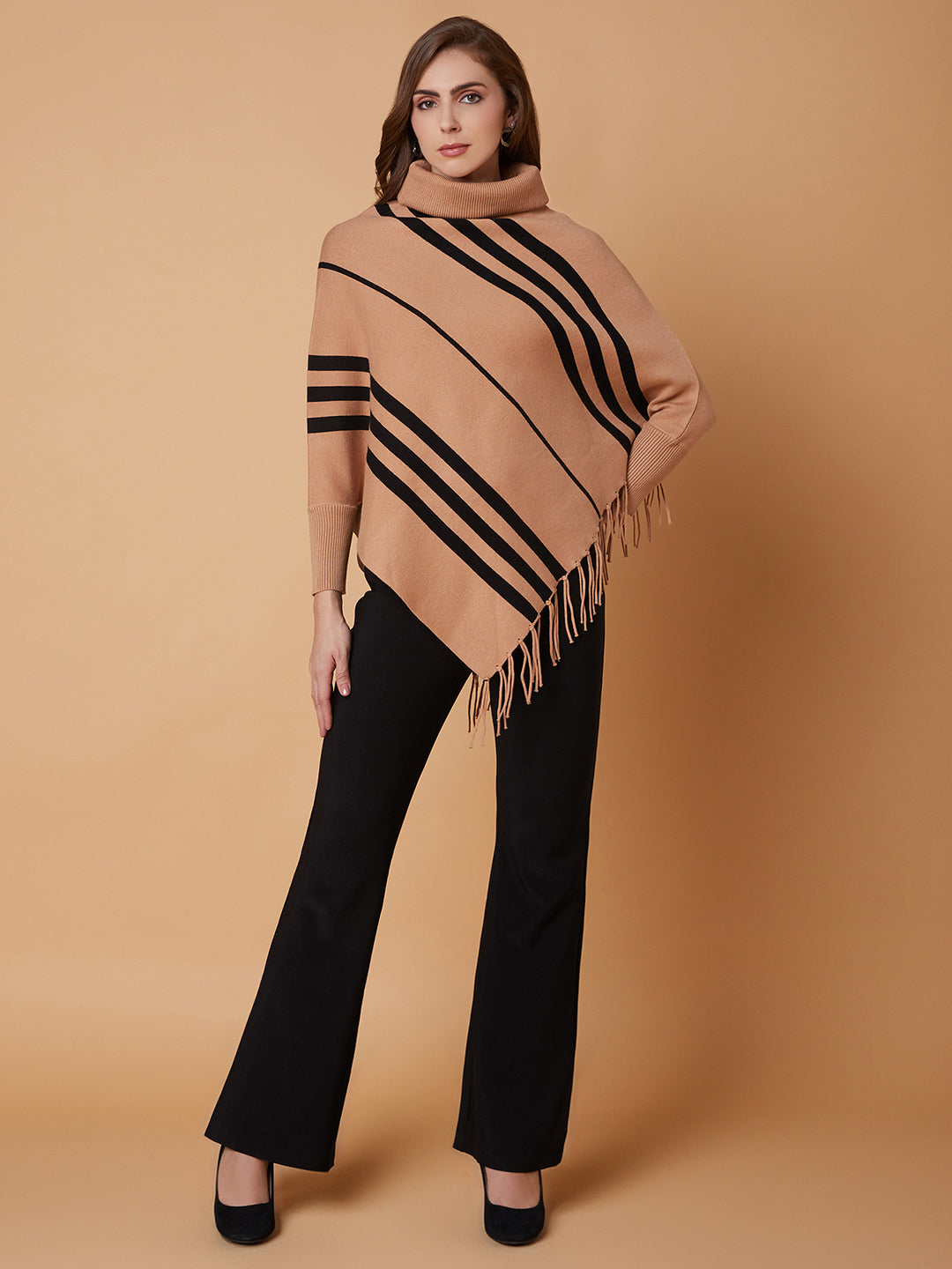 Women Striped Brown Longline Poncho