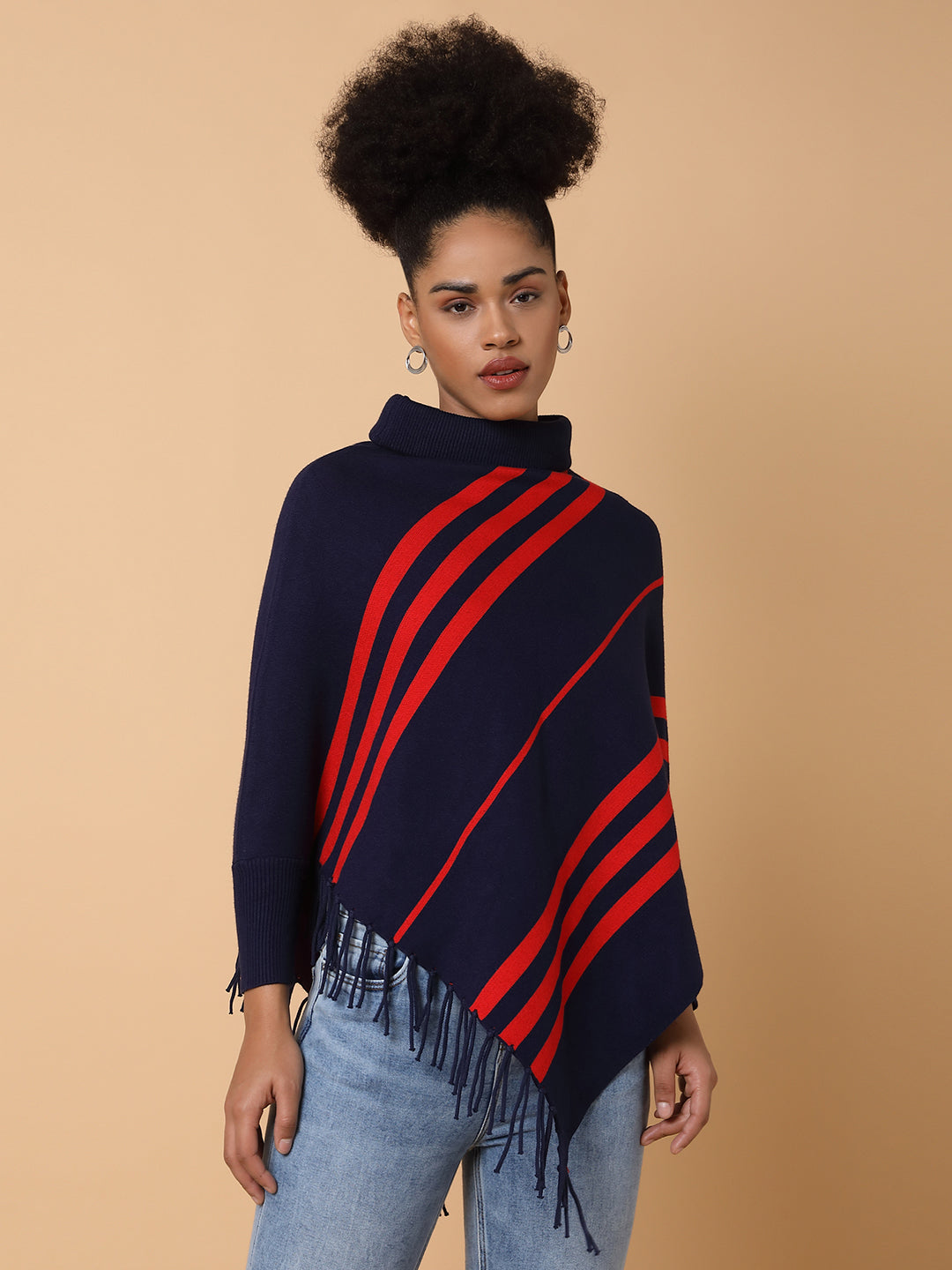 Women Striped Navy Blue Poncho