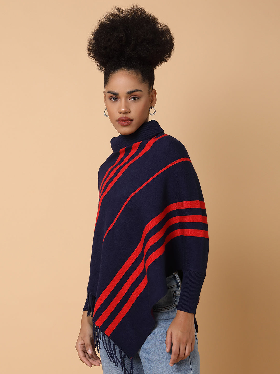 Women Striped Navy Blue Poncho