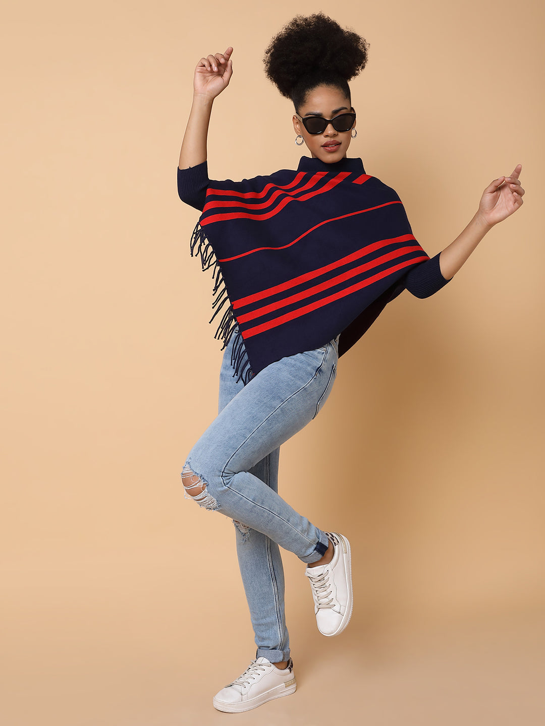 Women Striped Navy Blue Poncho