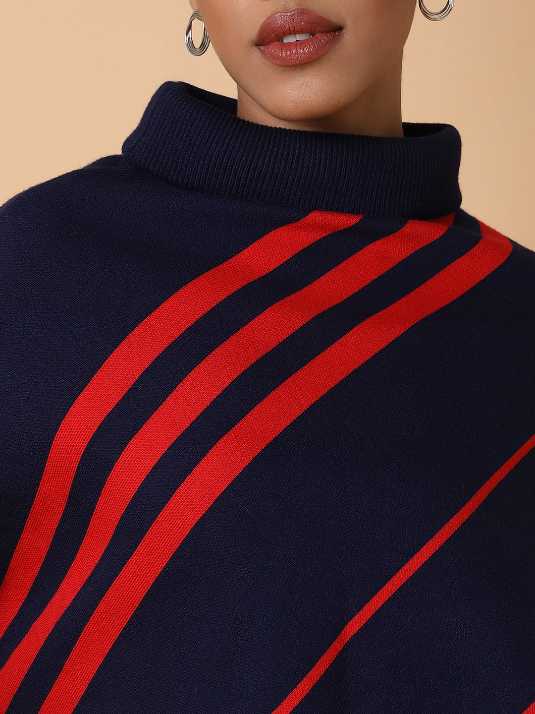 Women Striped Navy Blue Poncho