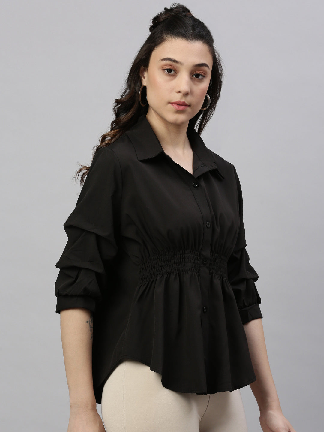 Women Solid Black Cinched Waist Smocked Top