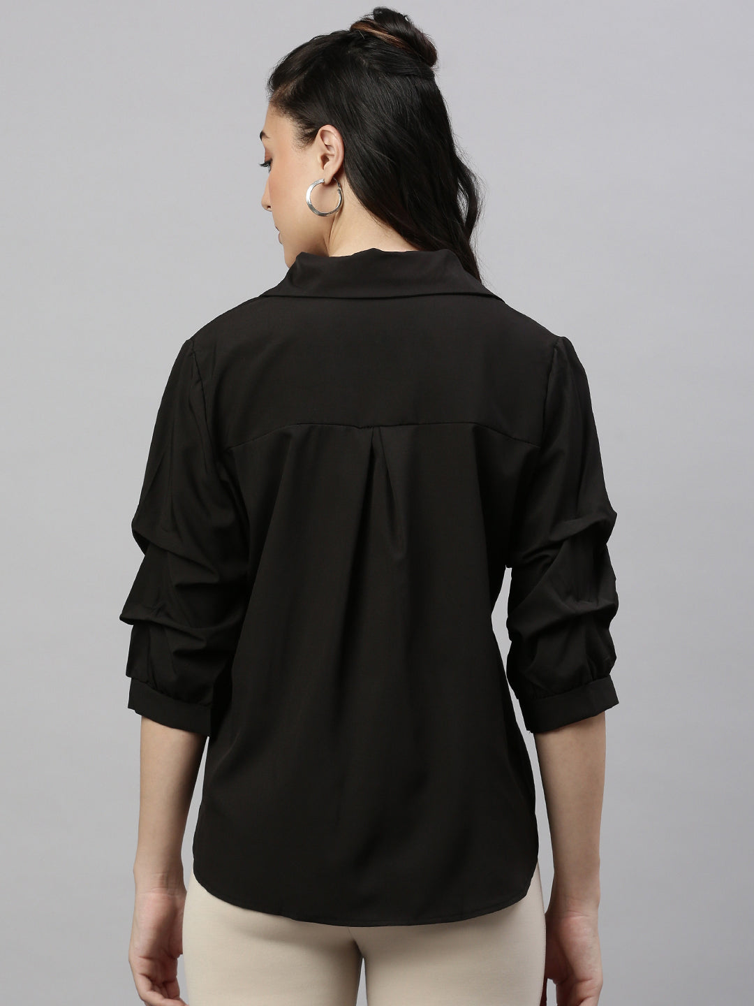 Women Solid Black Cinched Waist Smocked Top