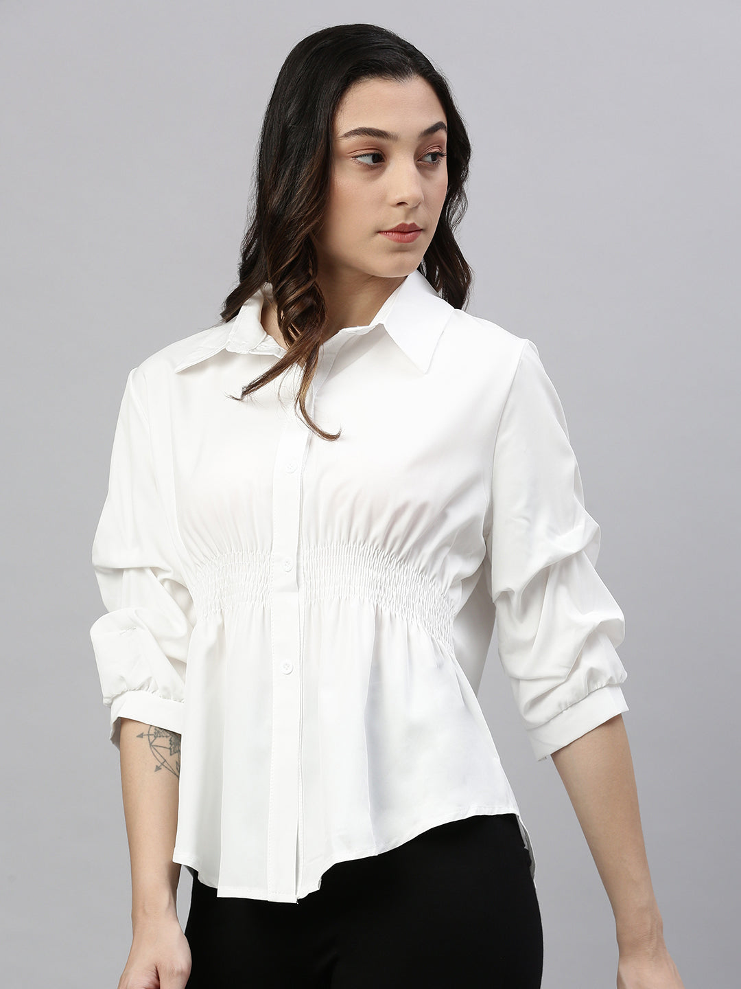 Women Solid White Cinched Waist Smocked Top
