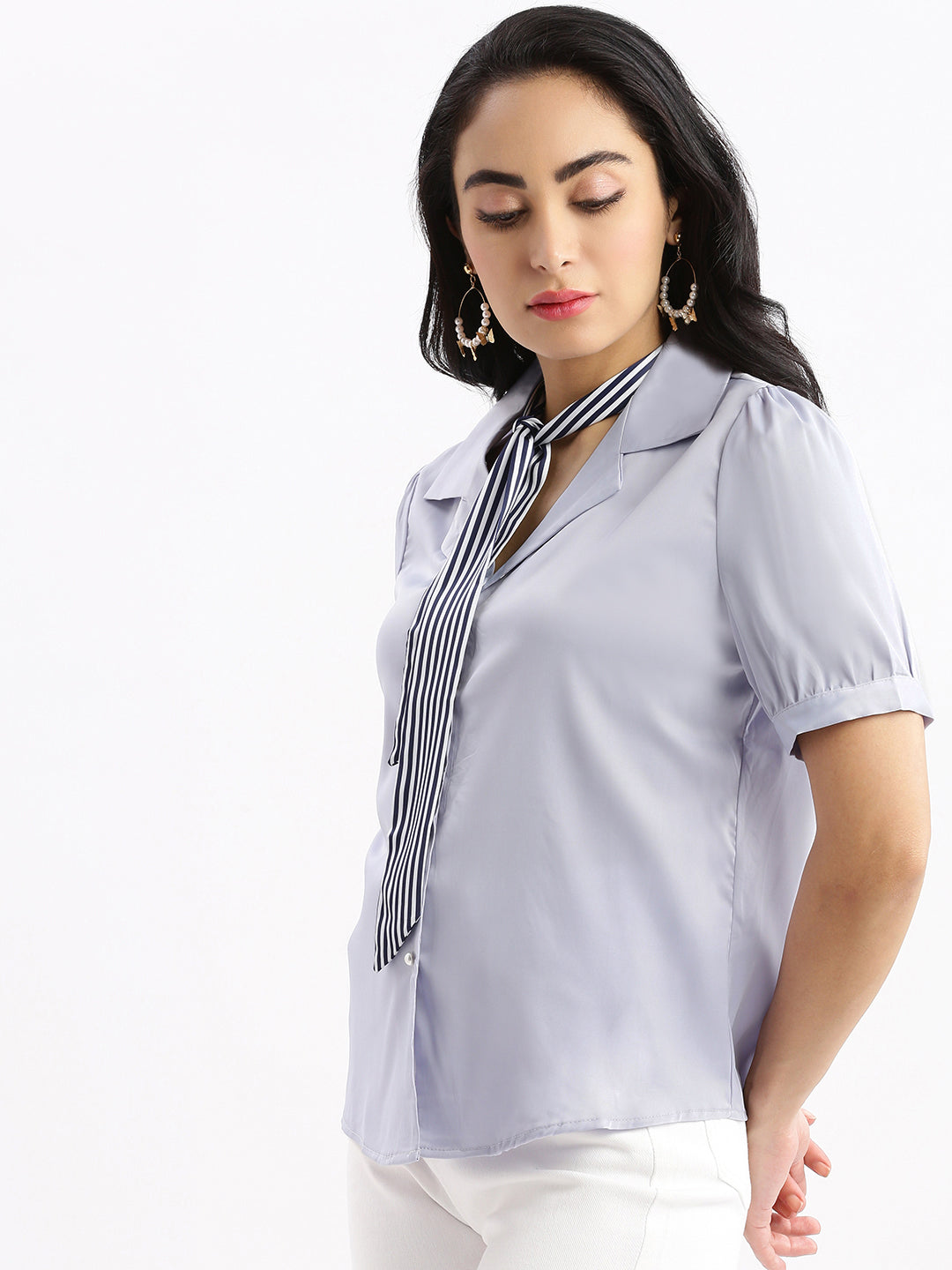 Women Solid Cuban Collar Lavender Relaxed Fit Shirt
