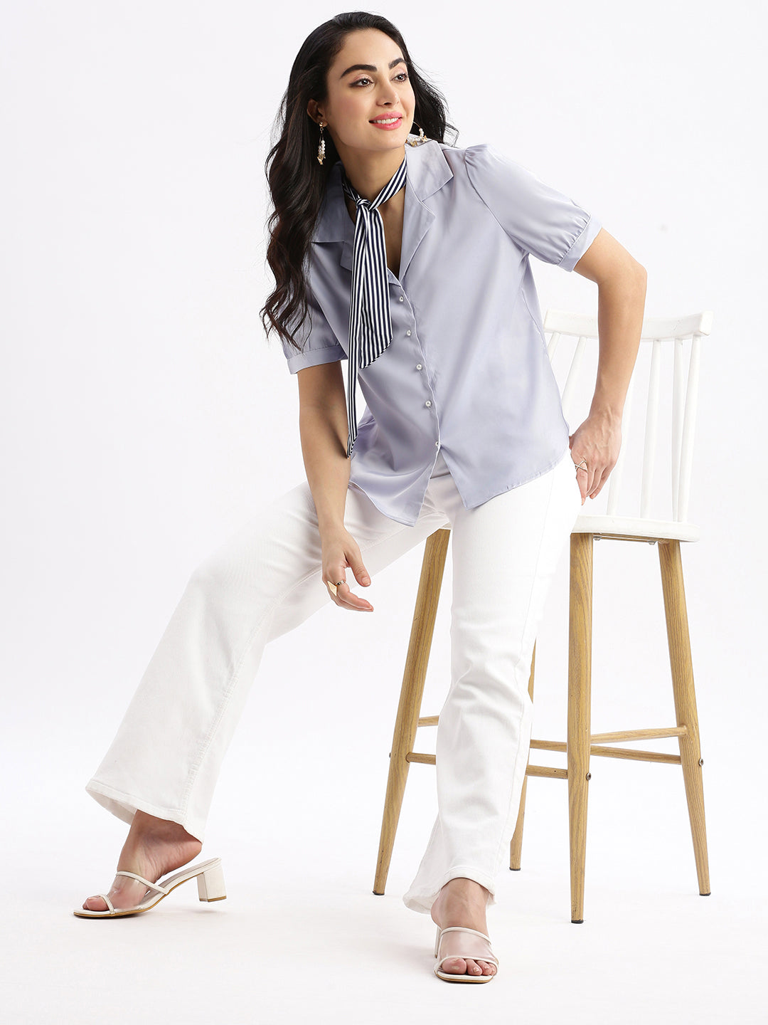 Women Solid Cuban Collar Lavender Relaxed Fit Shirt