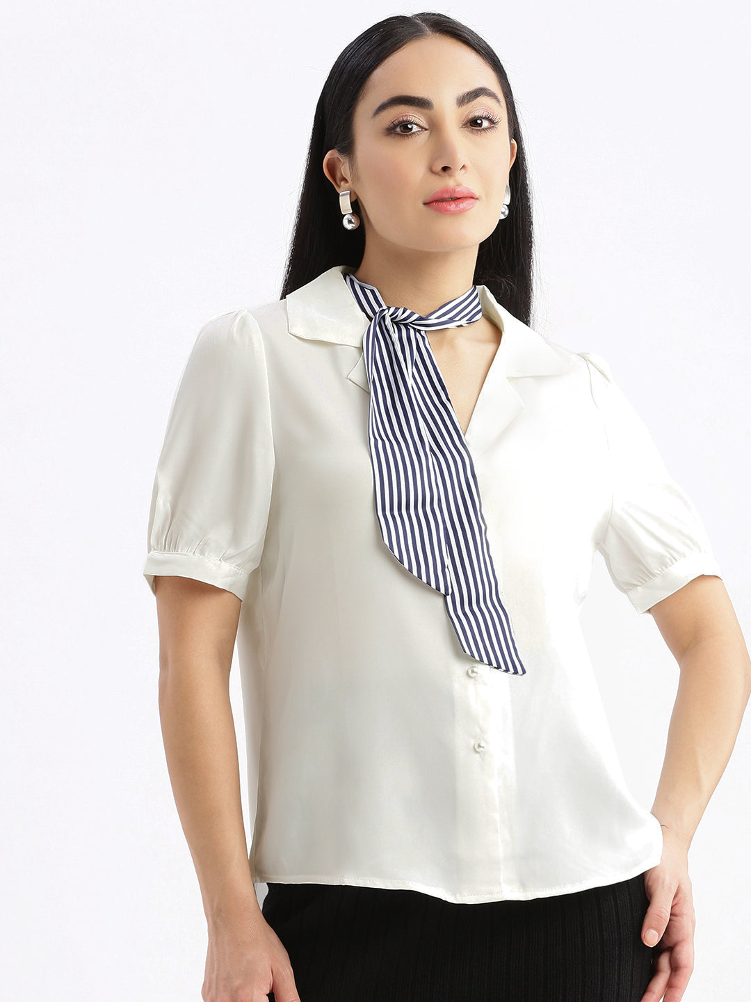 Women Solid Cuban Collar White Relaxed Fit Shirt