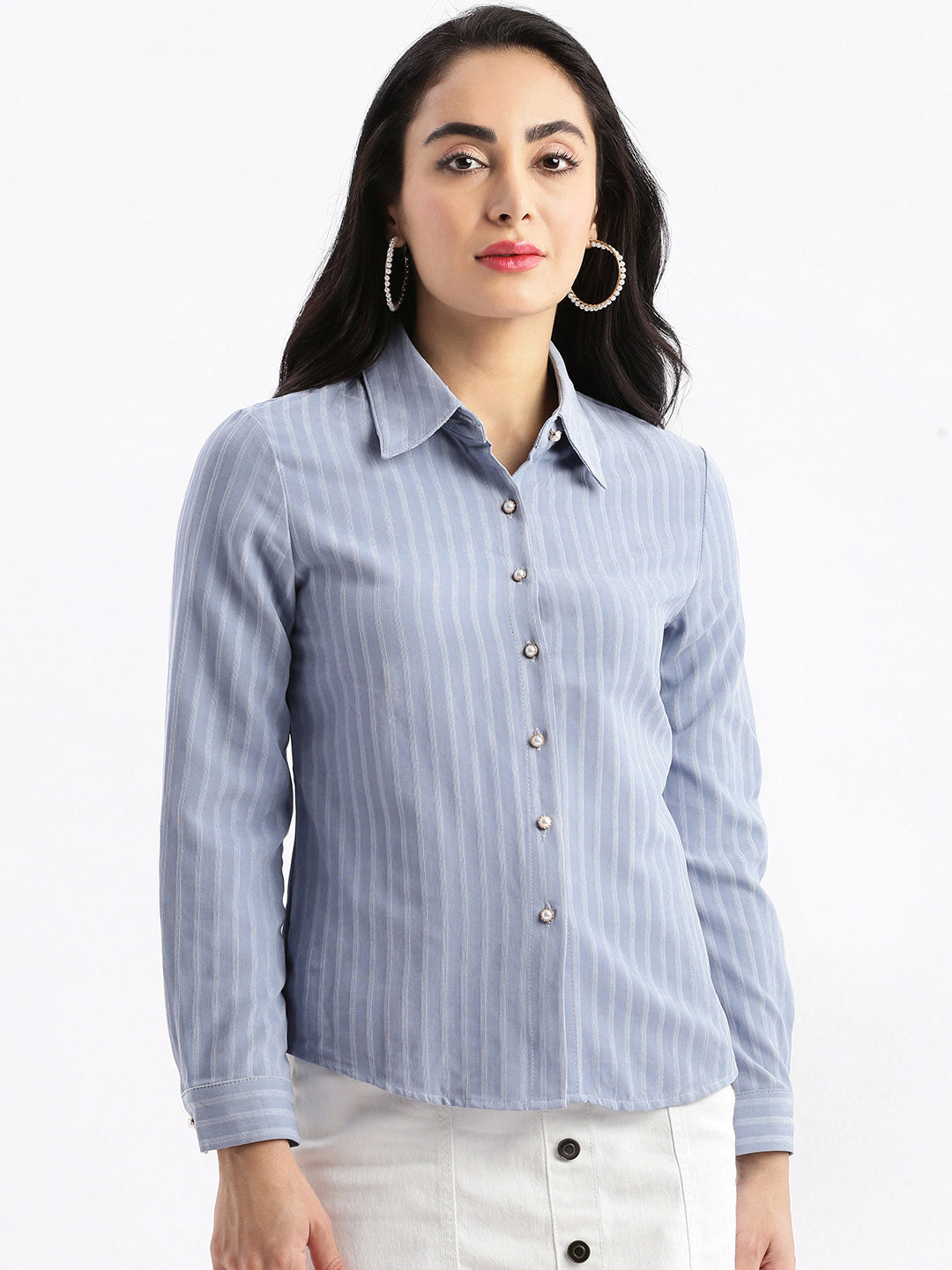 Women Striped Grey Slim Fit Shirt