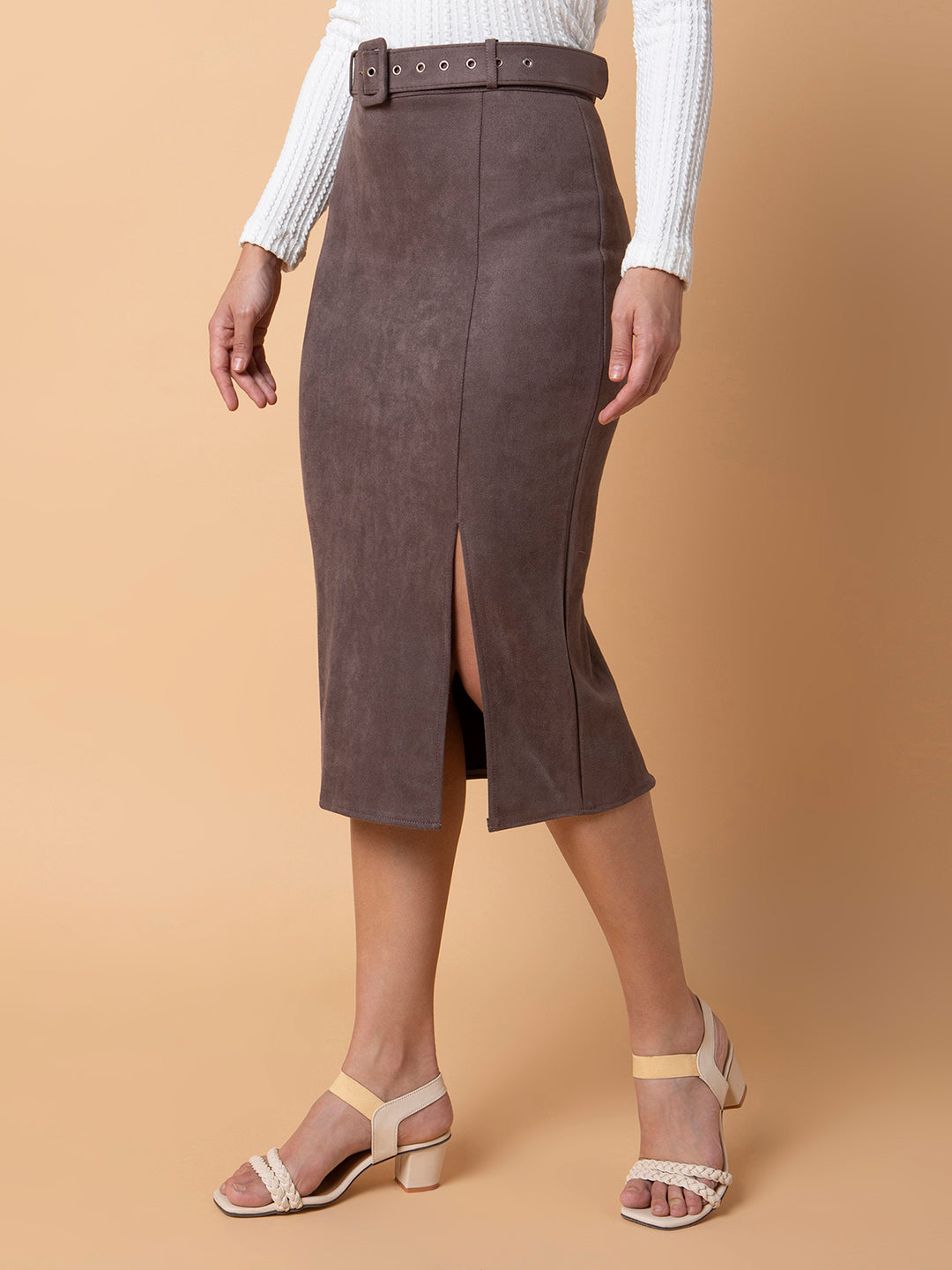 Women Solid Grey Pencil Midi Skirt with Belt