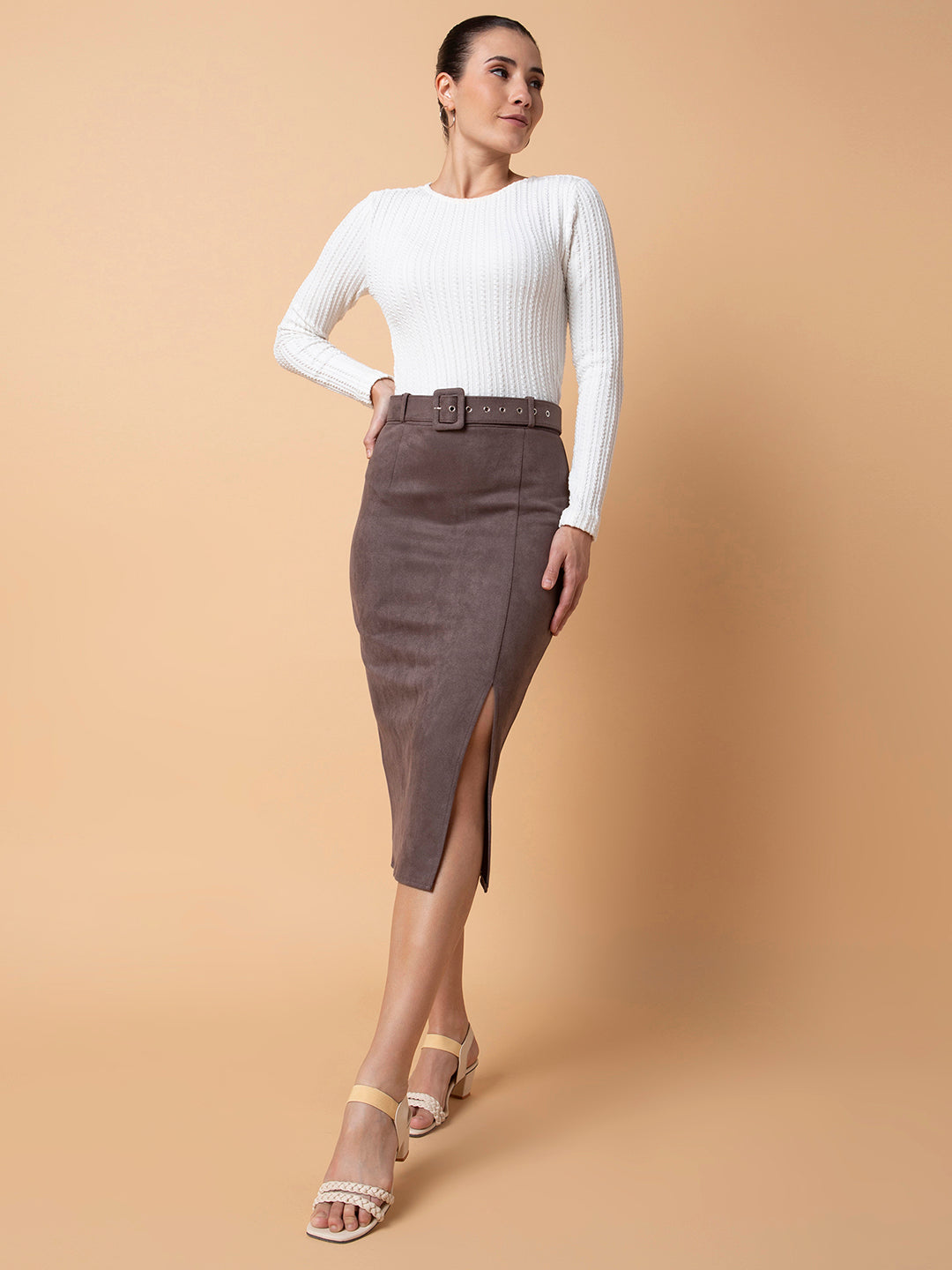 Women Solid Grey Pencil Midi Skirt with Belt