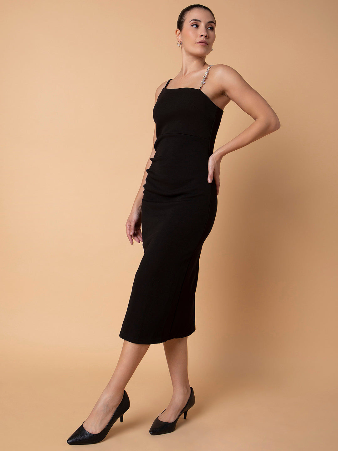 Women Solid Black Midi Sheath Dress