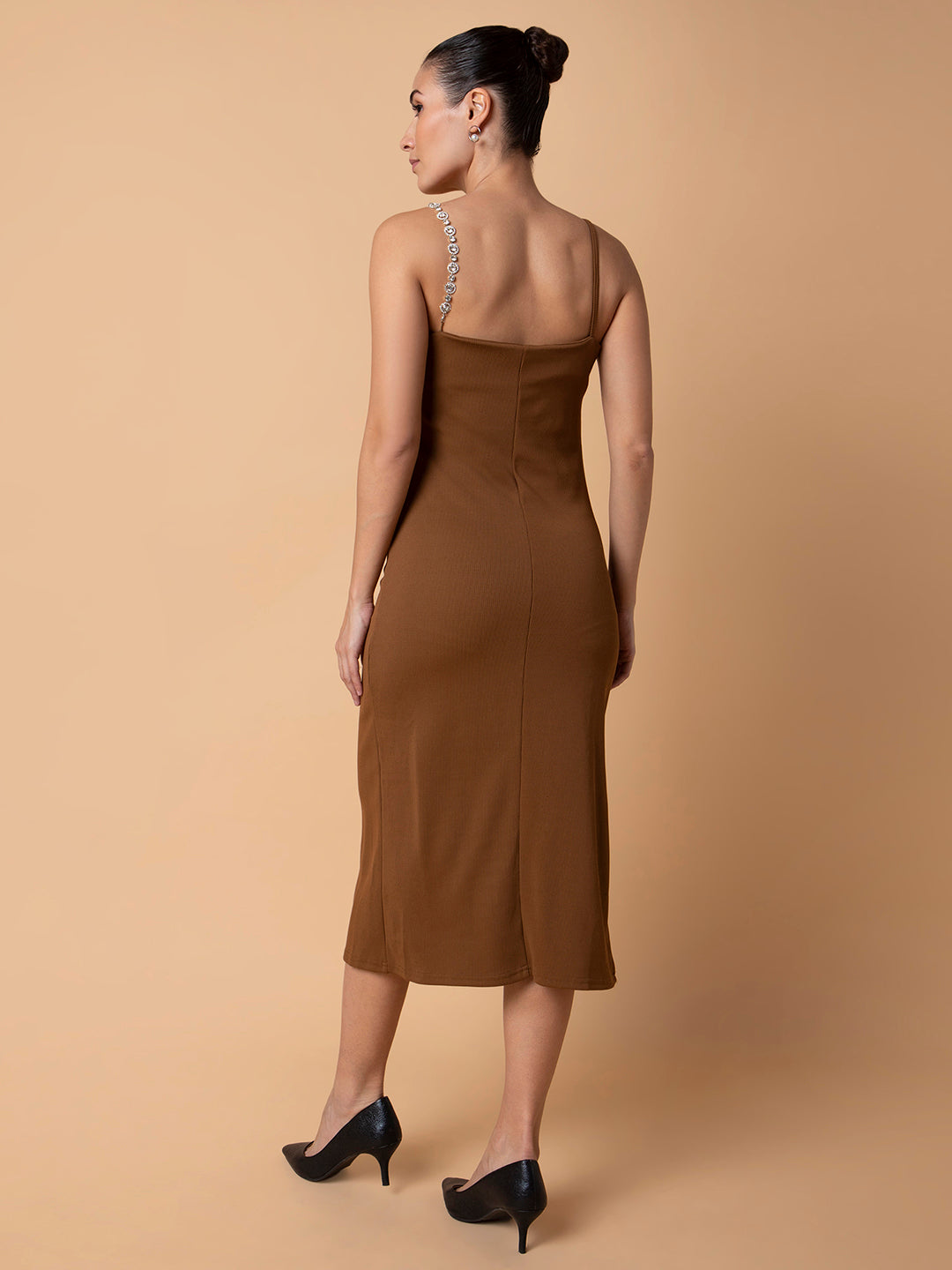 Women Solid Brown Midi Sheath Dress