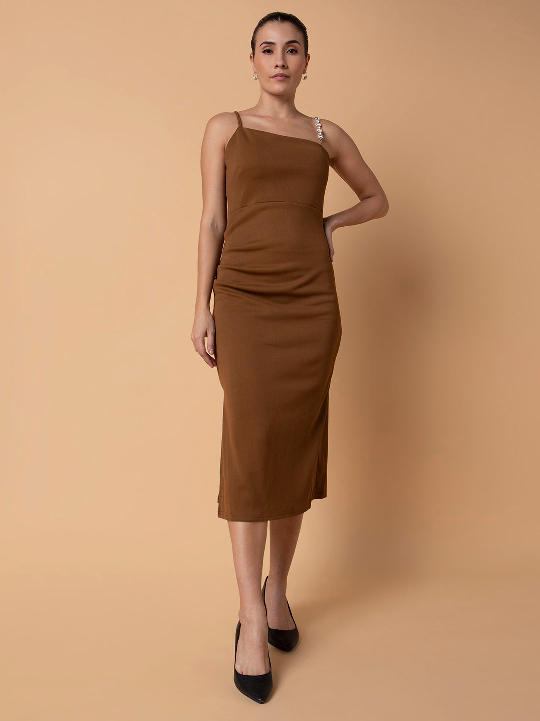 Women Solid Brown Midi Sheath Dress