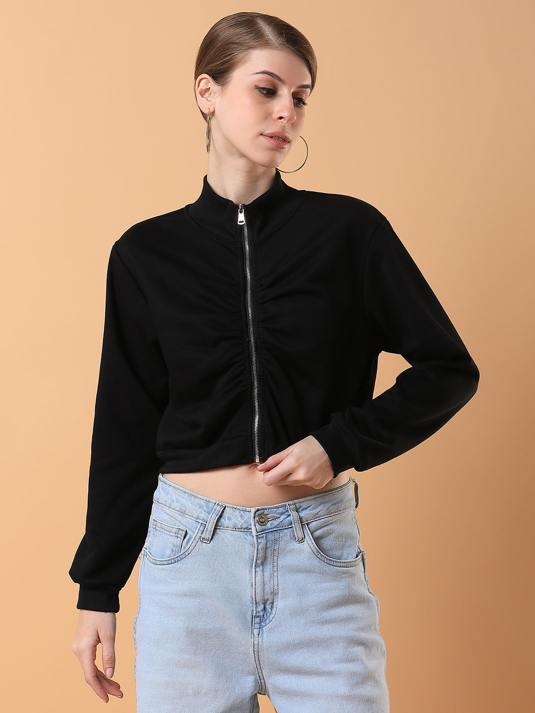 Women Solid Black Front-Open Sweatshirt