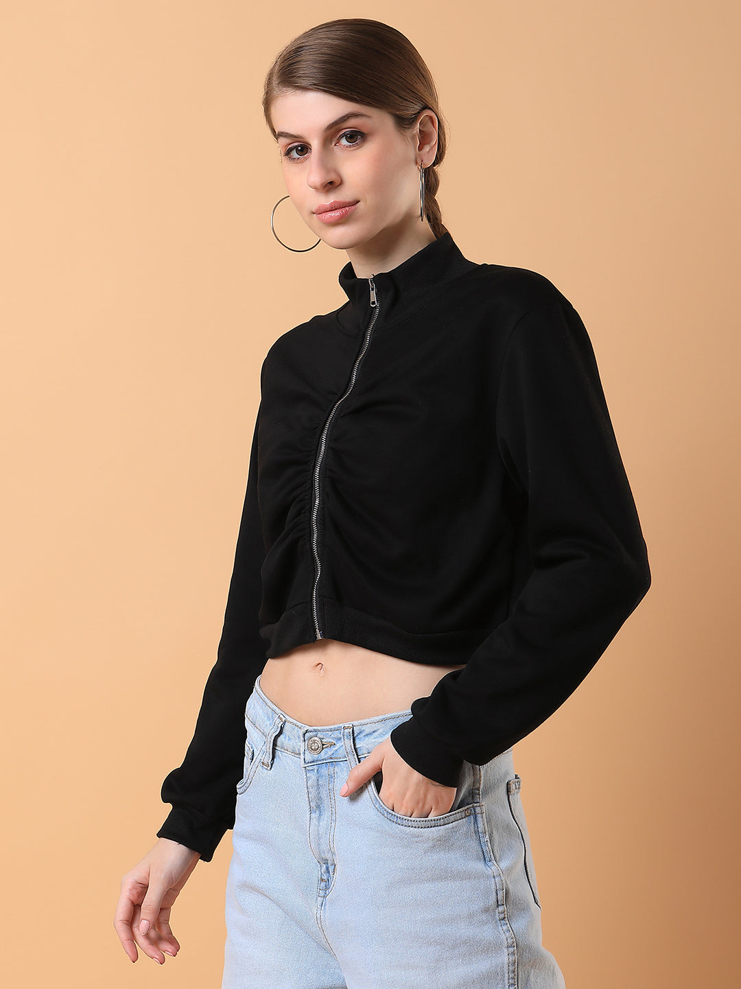 Women Solid Black Front-Open Sweatshirt