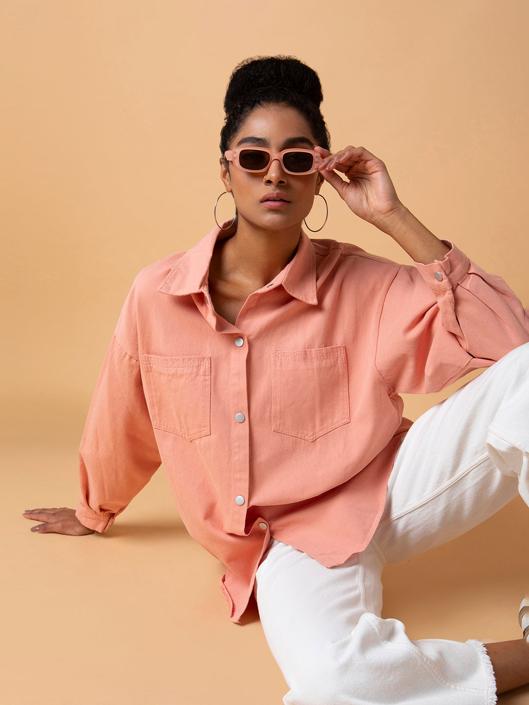 Women Solid Peach Oversized Shirt